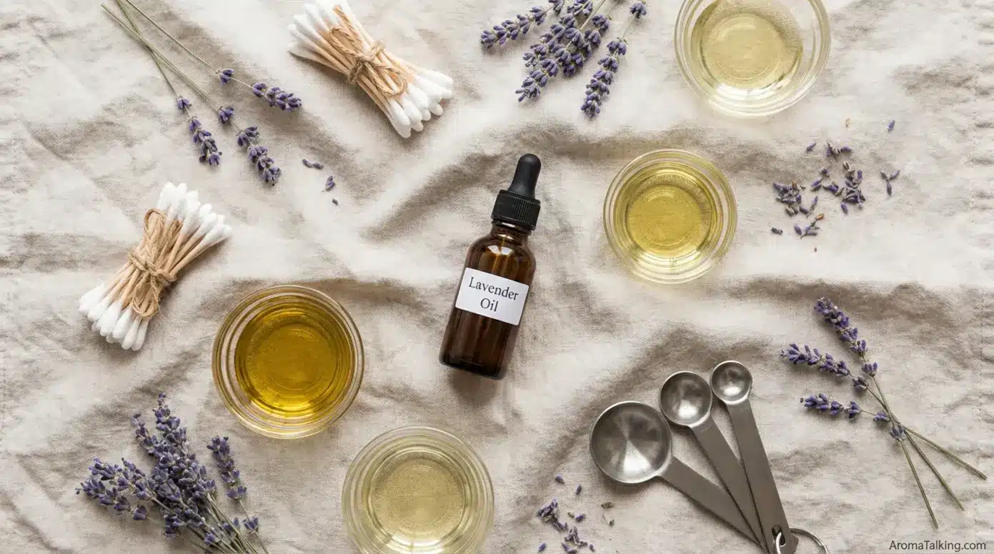Lavender essential oil dilution and application tools arranged on linen surface