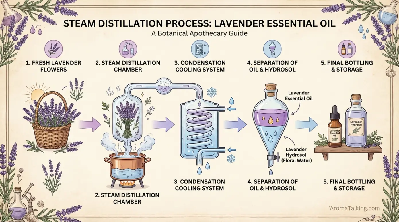 Flowchart showing the steam distillation process of lavender essential oil from plant to bottle
