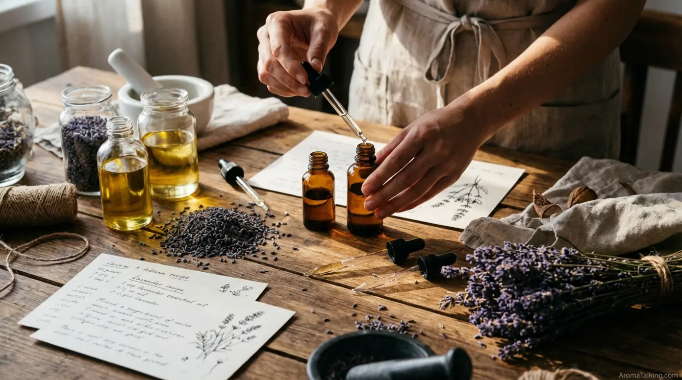 Hands creating DIY lavender essential oil blends with natural ingredients