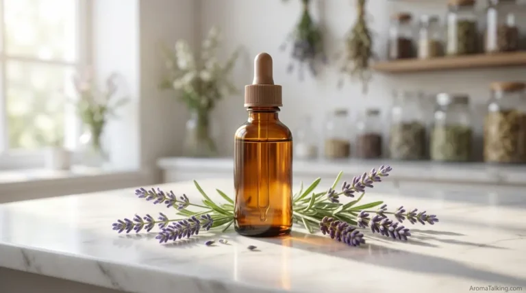 Lavender essential oil bottle with fresh lavender flowers on marble surface