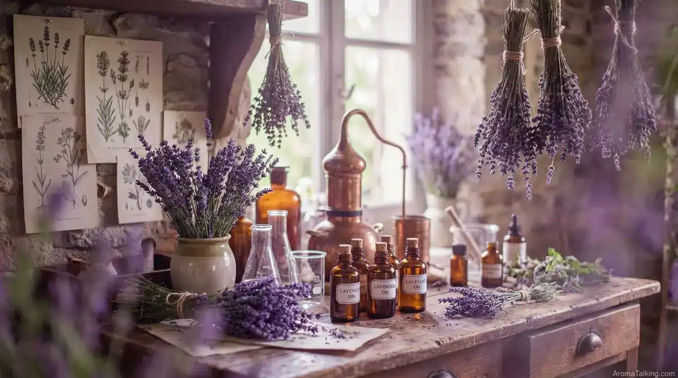 Lavender plant materials and essential oil bottles in apothecary setting