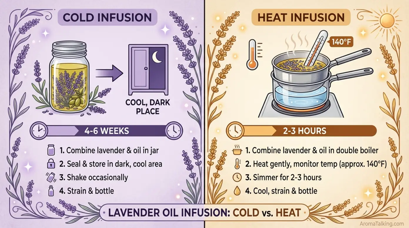 Side-by-side comparison of cold and heat infusion methods for making lavender-infused oil
