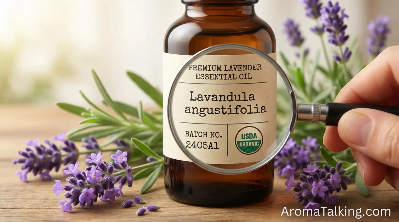 Lavender essential oil bottle label showing quality markers and certifications