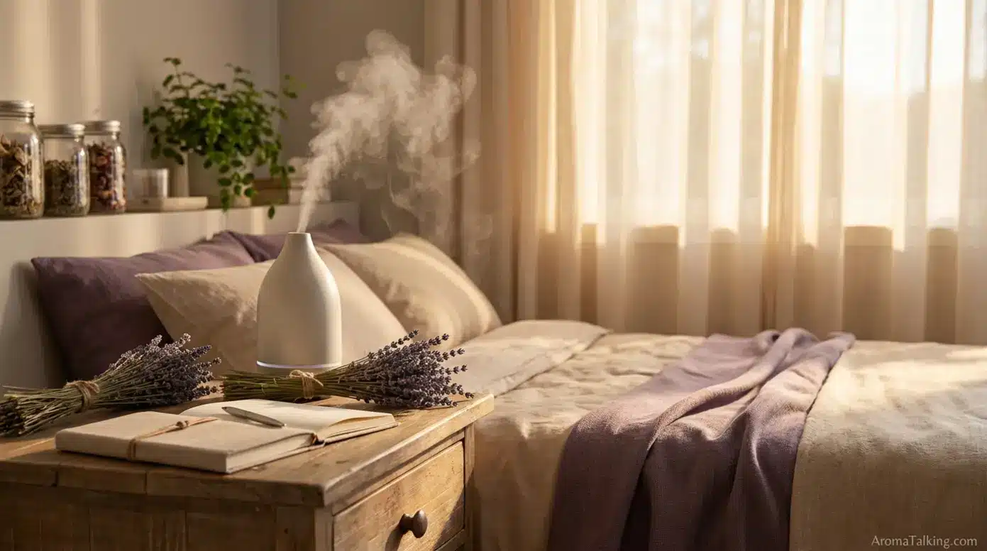 Lavender essential oil diffuser in peaceful bedroom wellness setting
