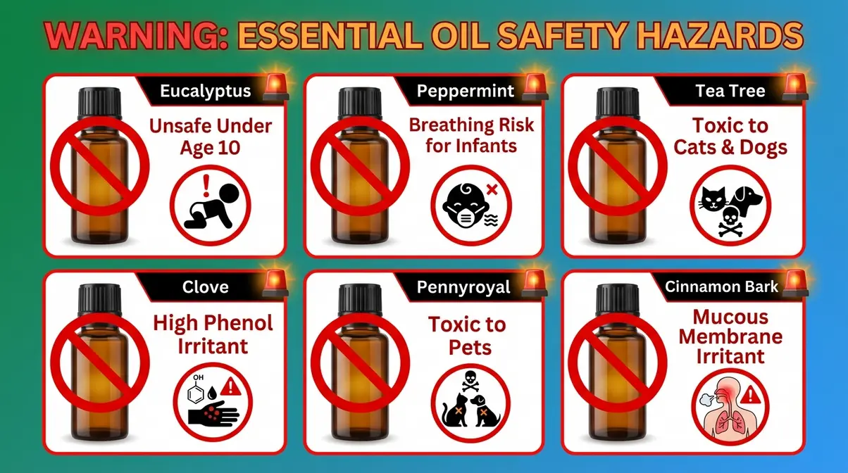 Essential oils to avoid diffusing around children pets and infants including eucalyptus peppermint and tea tree