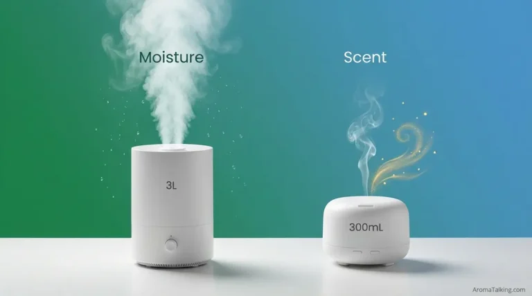Diffuser vs humidifier side by side showing moisture output versus essential oil scent mist