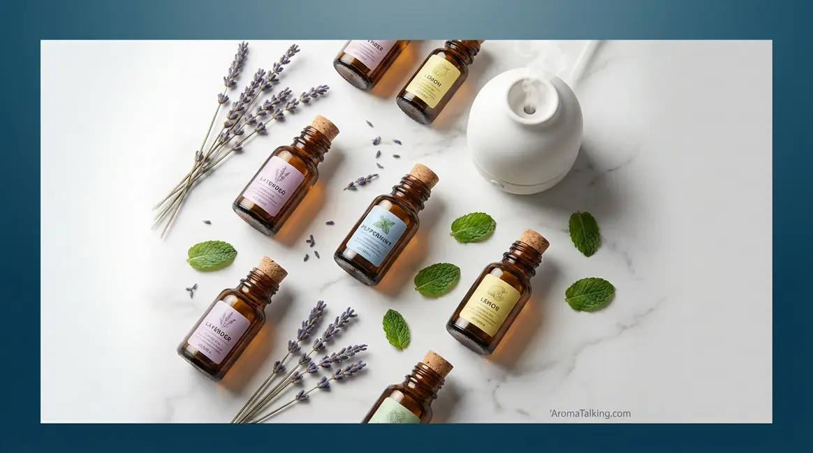 doTERRA essential oils bottles arranged with lavender and peppermint botanicals for 2026 review