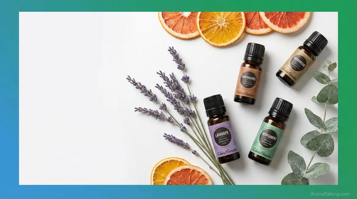 Edens Garden essential oils reviews featuring amber glass bottles with lavender and botanicals