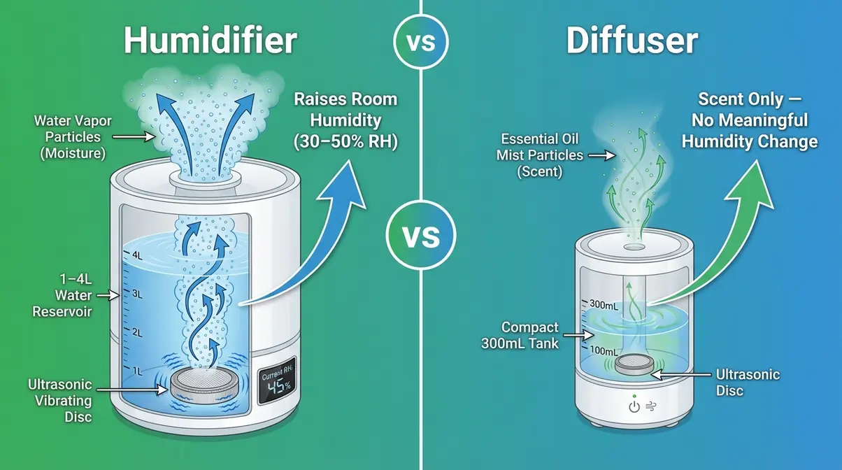 Diffuser vs humidifier comparison diagram showing a humidifier releasing moisture particles and a diffuser releasing essential oil mist