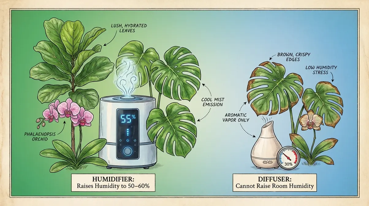 Tropical houseplants thriving next to a humidifier at fifty-five percent humidity
