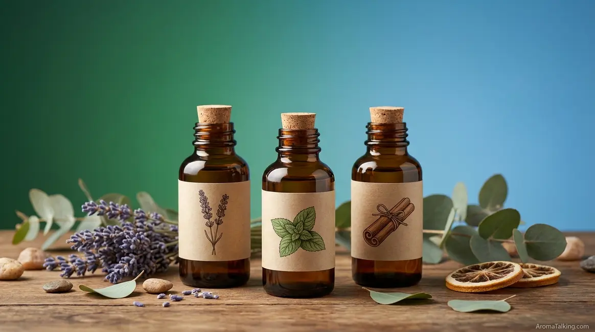 Young Living essential oils review showing three amber essential oil bottles with botanical botanicals on green-blue gradient