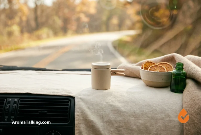 Car-vent essential oil diffuser releasing a light mist inside a vehicle