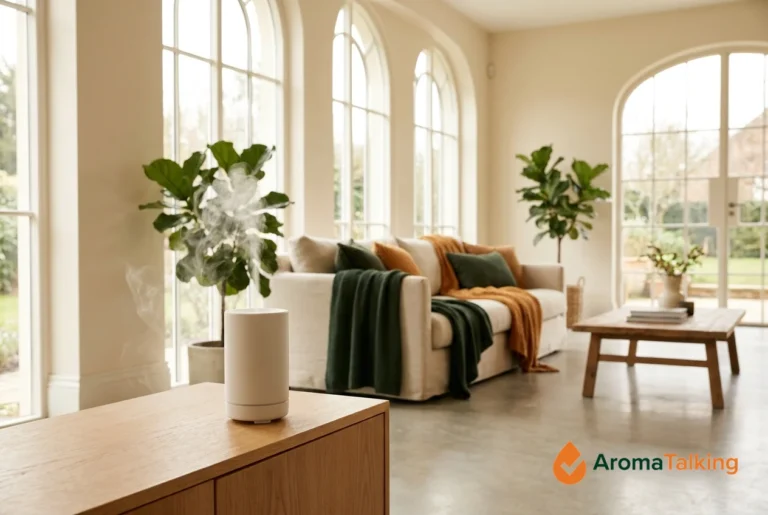 A large-capacity essential oil diffuser on a wooden console in a bright, open-plan living room, releasing a fine visible mist into the spacious air
