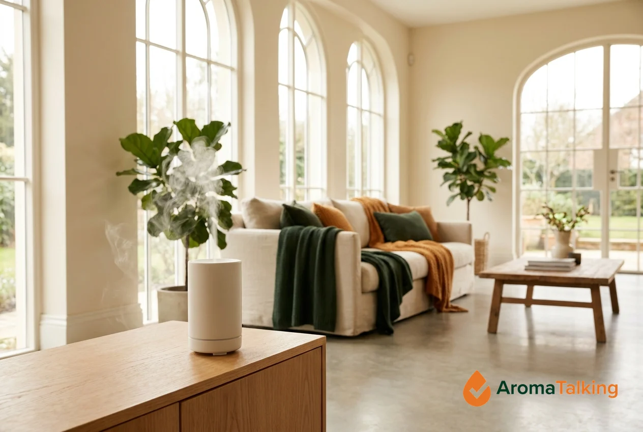 A large-capacity essential oil diffuser on a wooden console in a bright, open-plan living room, releasing a fine visible mist into the spacious air