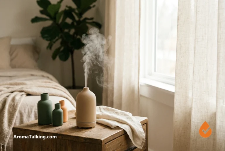 Ultrasonic essential oil diffuser with cool mist on a bedroom nightstand