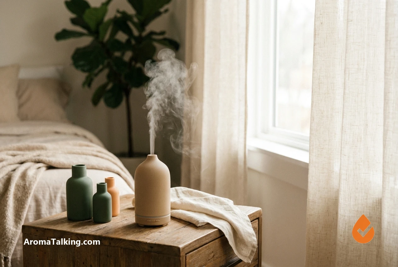 Ultrasonic essential oil diffuser with cool mist on a bedroom nightstand