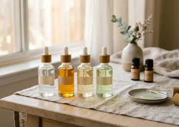 A row of four carrier oil bottles - fractionated coconut, jojoba, sweet almond and grapeseed - with a dropper in natural light