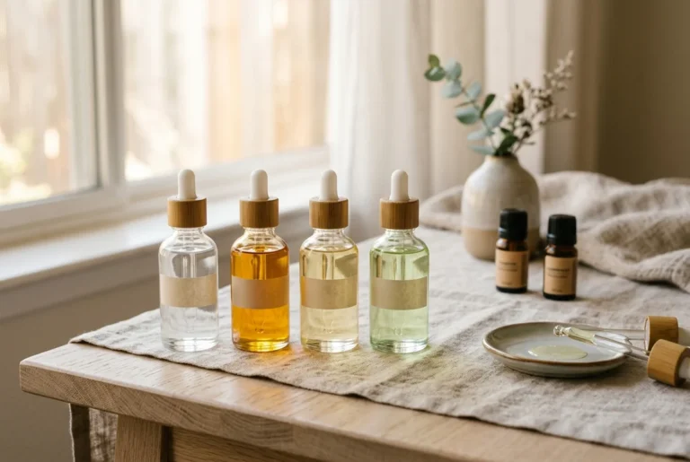 A row of four carrier oil bottles - fractionated coconut, jojoba, sweet almond and grapeseed - with a dropper in natural light
