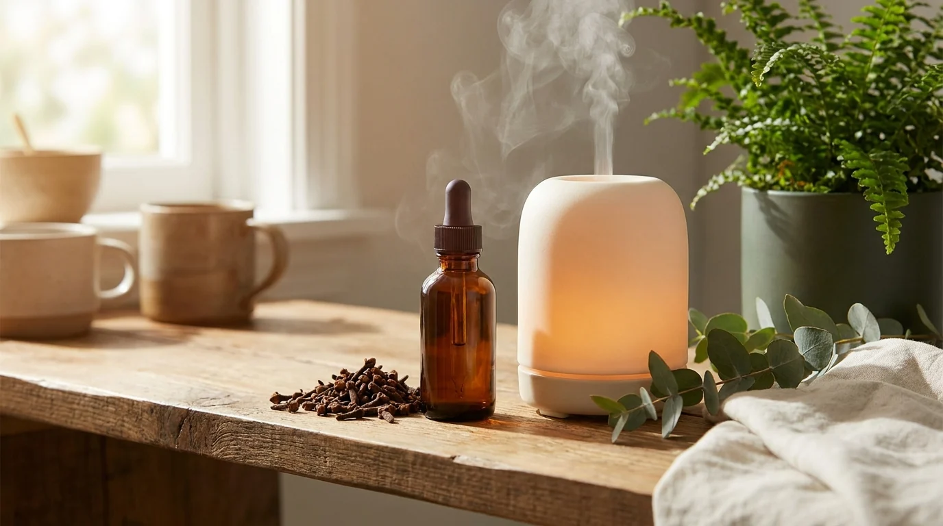 Amber clove essential oil dropper bottle and whole clove buds beside a glowing ceramic ultrasonic diffuser on a sunlit wooden shelf.