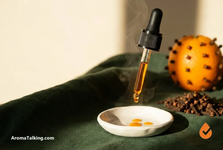 Clove essential oil dropper releasing a golden drop into a marble dish beside a clove-studded orange and whole clove buds