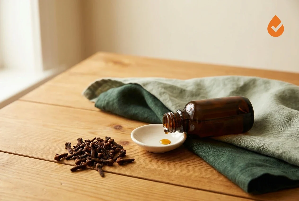Clove essential oil dropper releasing a golden drop into a marble dish beside a clove-studded orange and whole clove buds