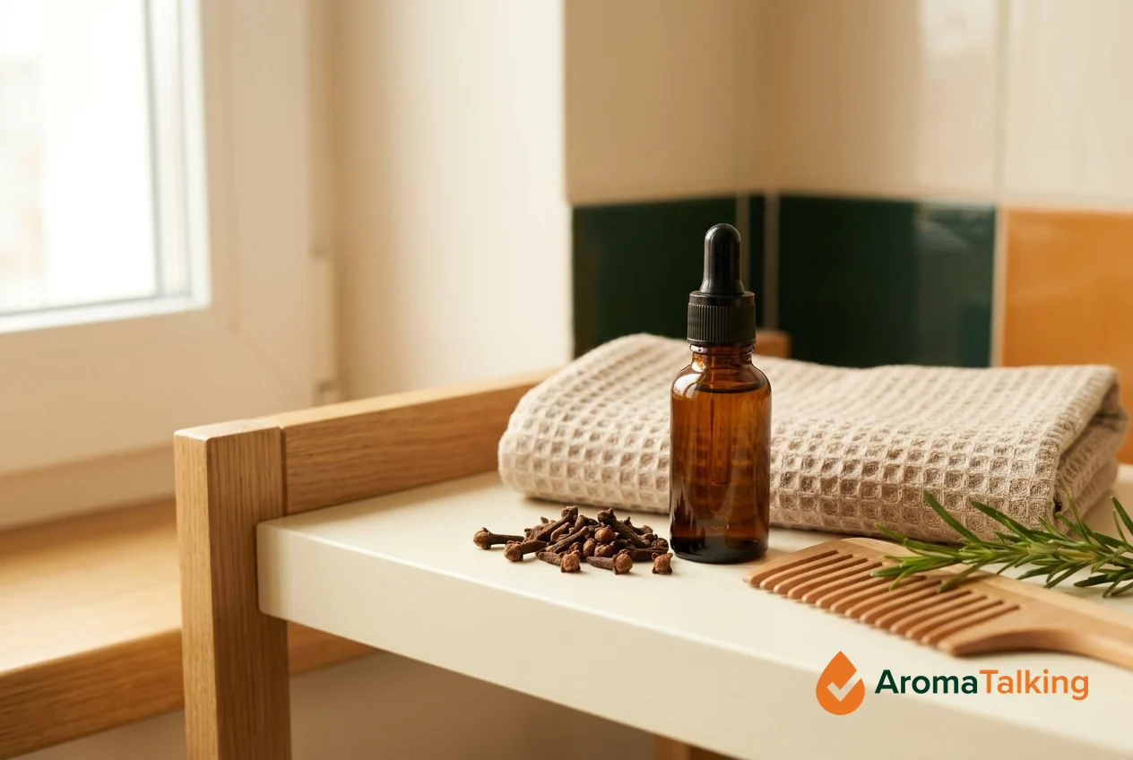 Whole clove buds beside an amber glass dropper bottle of clove essential oil, with a wooden comb and rosemary, on a warm wooden shelf