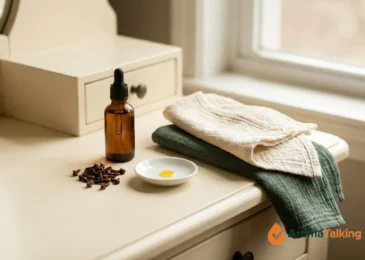 Whole clove buds, an amber glass dropper bottle of facial oil and a small dish of oil on a cream vanity