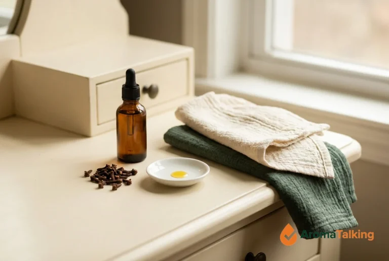 Whole clove buds, an amber glass dropper bottle of facial oil and a small dish of oil on a cream vanity