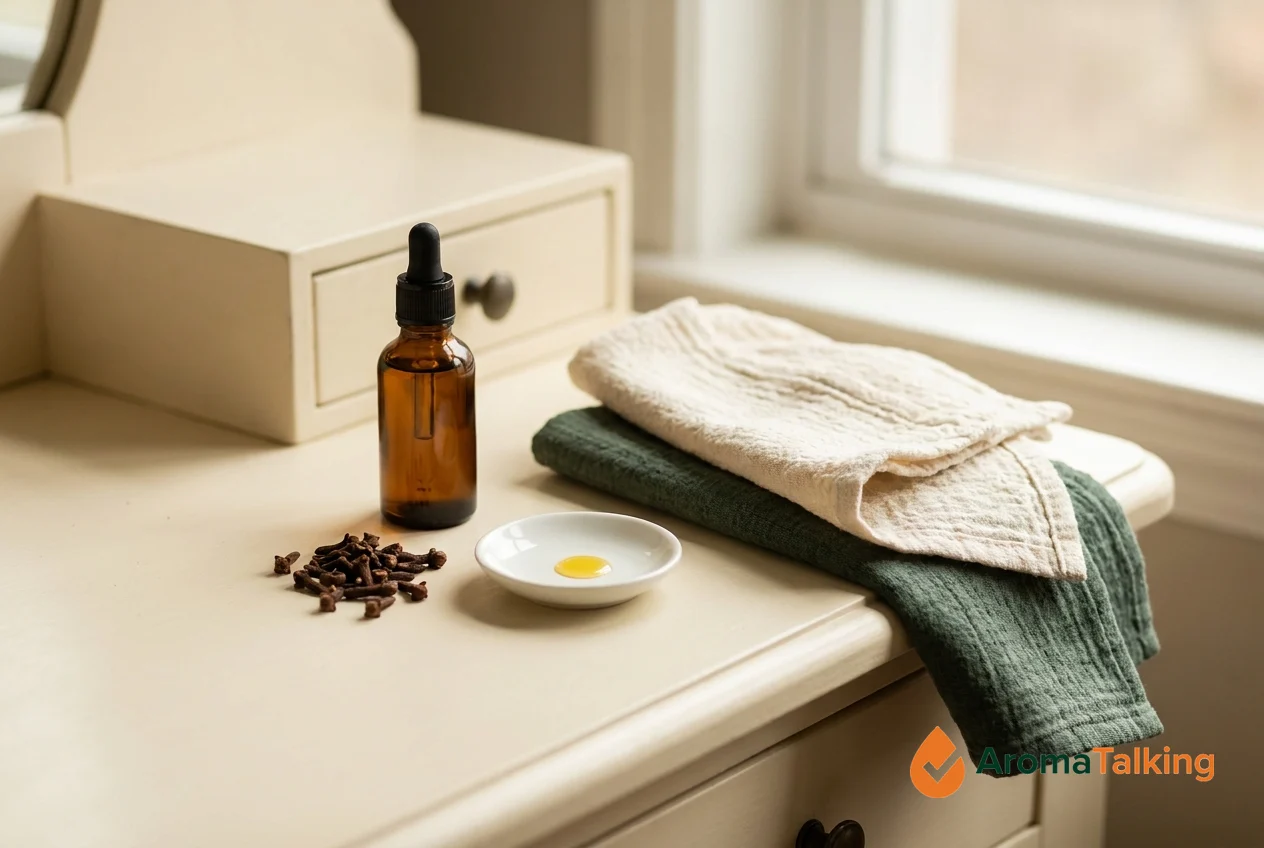 Whole clove buds, an amber glass dropper bottle of facial oil and a small dish of oil on a cream vanity