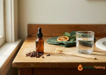 Whole clove buds, an amber dropper bottle, a bamboo toothbrush and a glass of water on a clean bathroom counter