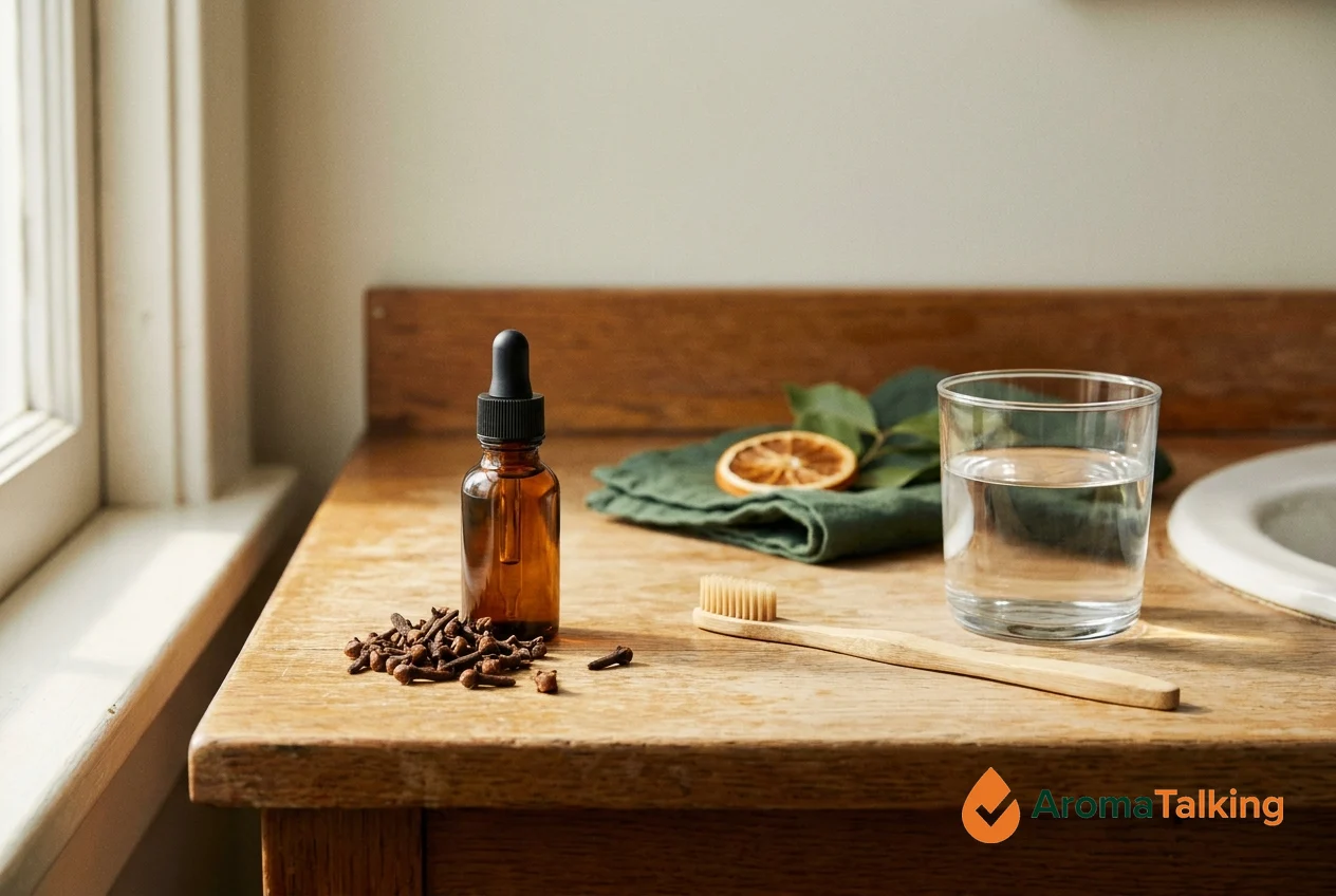 Whole clove buds, an amber dropper bottle, a bamboo toothbrush and a glass of water on a clean bathroom counter