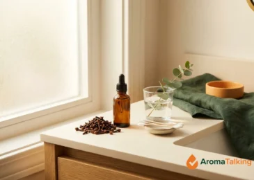 Whole clove buds, an amber glass dropper bottle of clove oil, cotton swabs and a glass of water on a calm bathroom counter