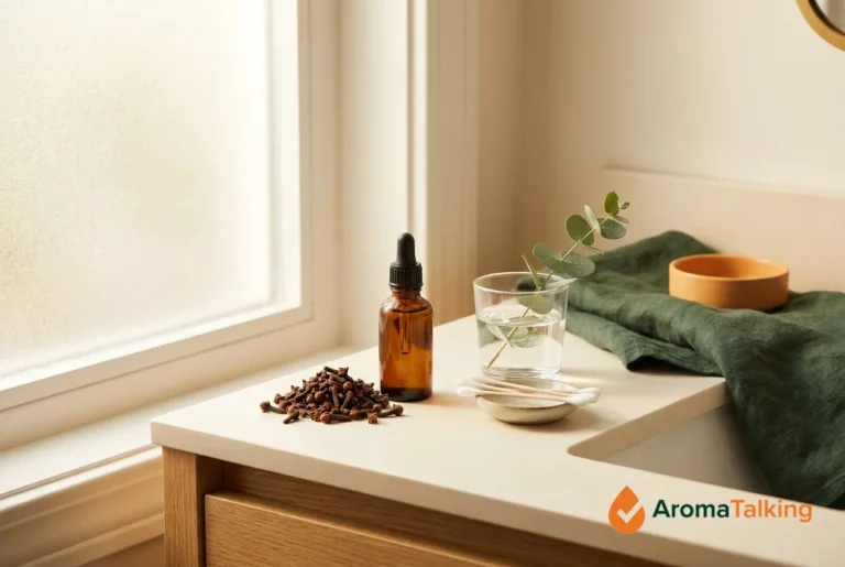 Whole clove buds, an amber glass dropper bottle of clove oil, cotton swabs and a glass of water on a calm bathroom counter