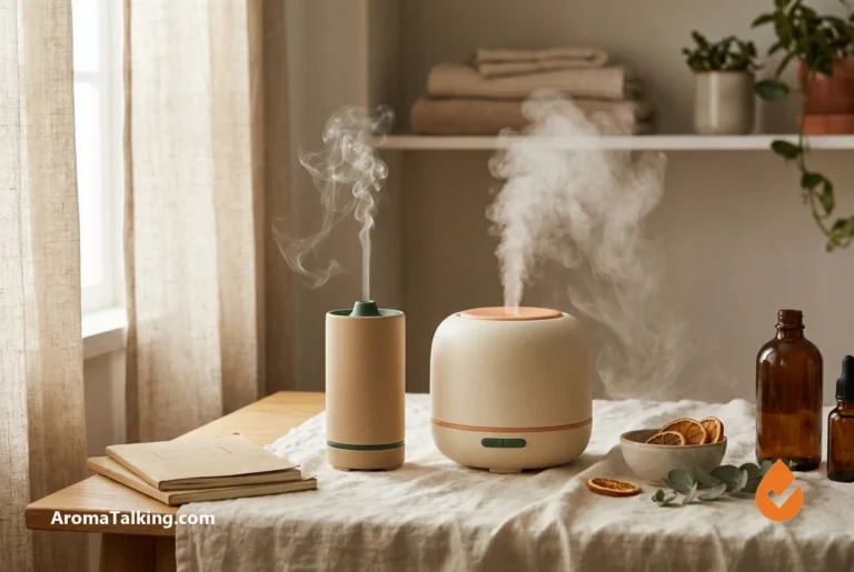An essential oil diffuser and a cool-mist humidifier side by side, showing scent versus moisture