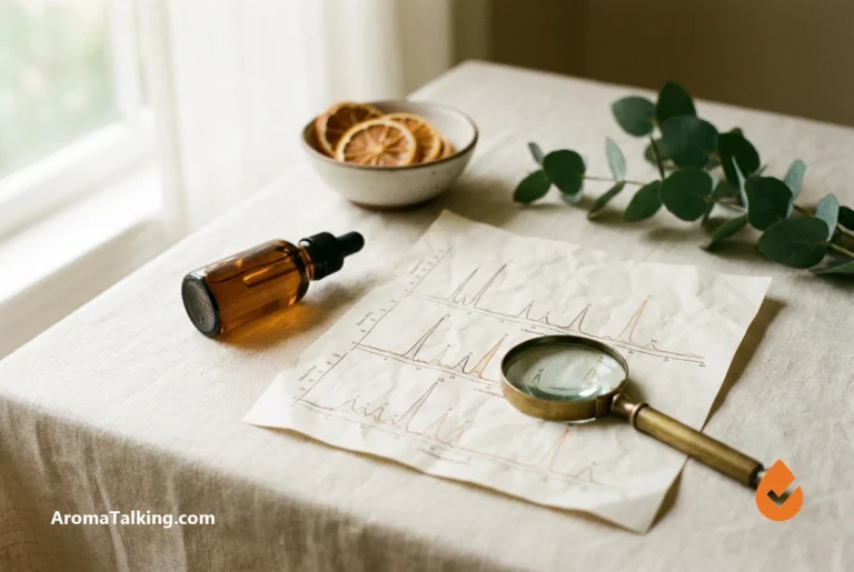 Amber essential oil bottle with a GC/MS report and magnifying glass, illustrating verified purity at value