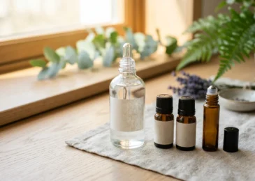 A clear bottle of fractionated coconut oil with a dropper beside amber essential-oil bottles and a roller bottle in natural light