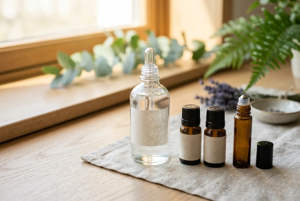 A clear bottle of fractionated coconut oil with a dropper beside amber essential-oil bottles and a roller bottle in natural light
