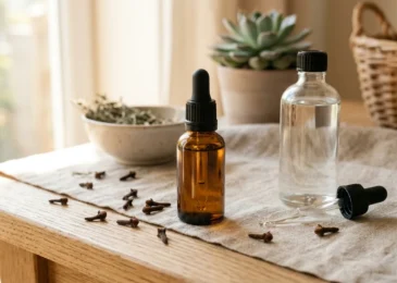 A small amber bottle of clove bud essential oil beside a bottle of carrier oil, a glass dropper, and dried cloves on a linen surface in natural light