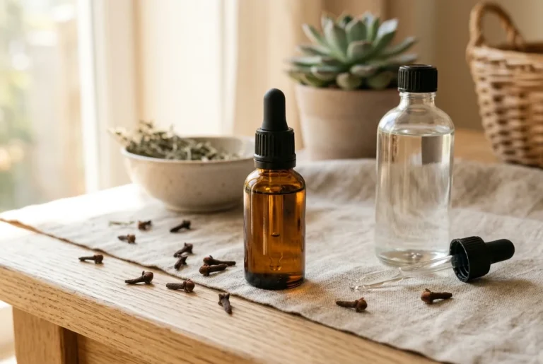 A small amber bottle of clove bud essential oil beside a bottle of carrier oil, a glass dropper, and dried cloves on a linen surface in natural light