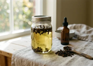 A glass mason jar of clove-infused oil with whole cloves steeping inside, beside a wooden spoon of dried cloves and an amber dropper bottle in natural light