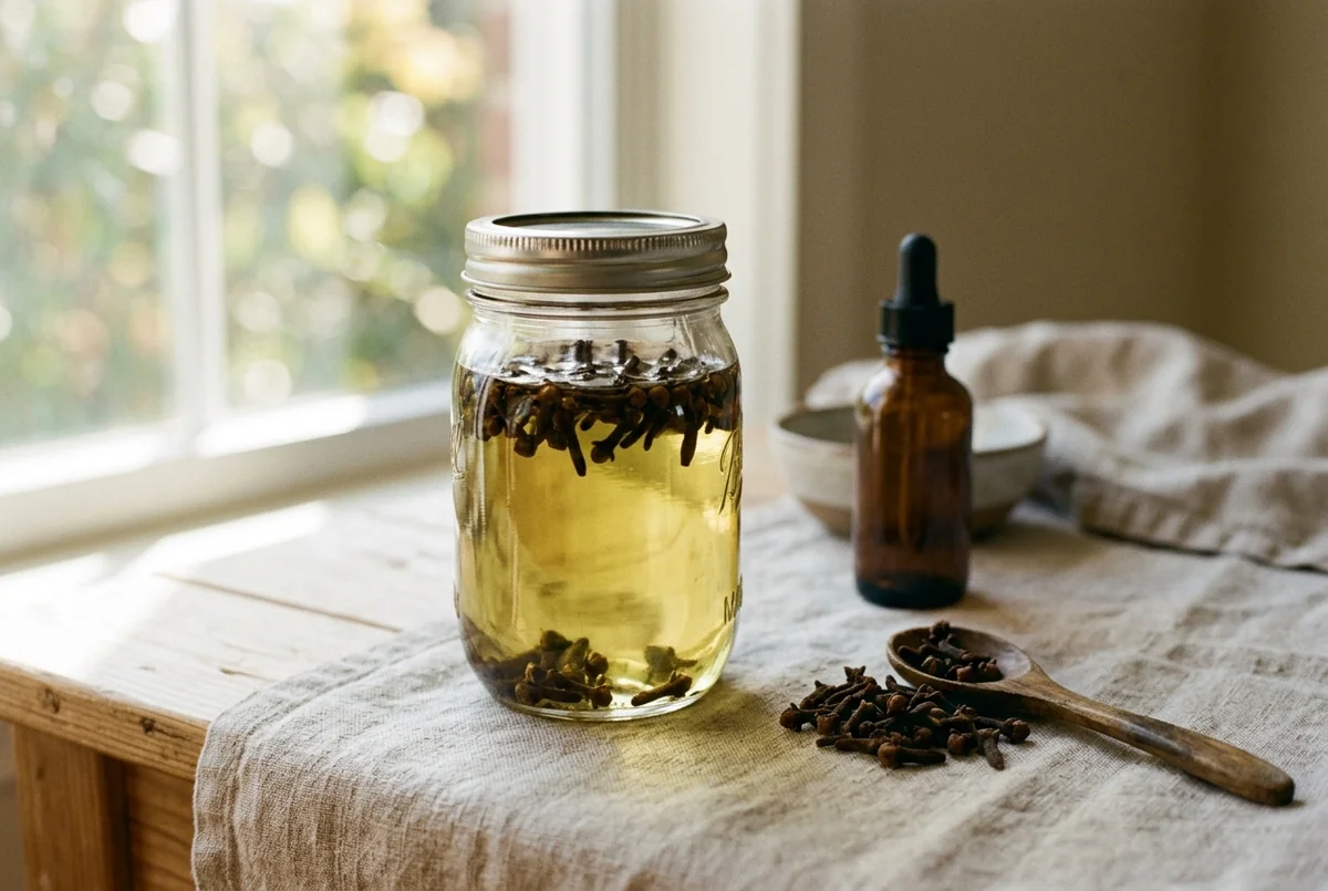 A glass mason jar of clove-infused oil with whole cloves steeping inside, beside a wooden spoon of dried cloves and an amber dropper bottle in natural light
