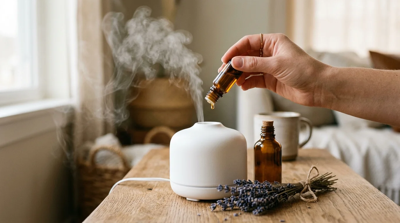 A hand adding a drop of essential oil to a diffuser releasing mist