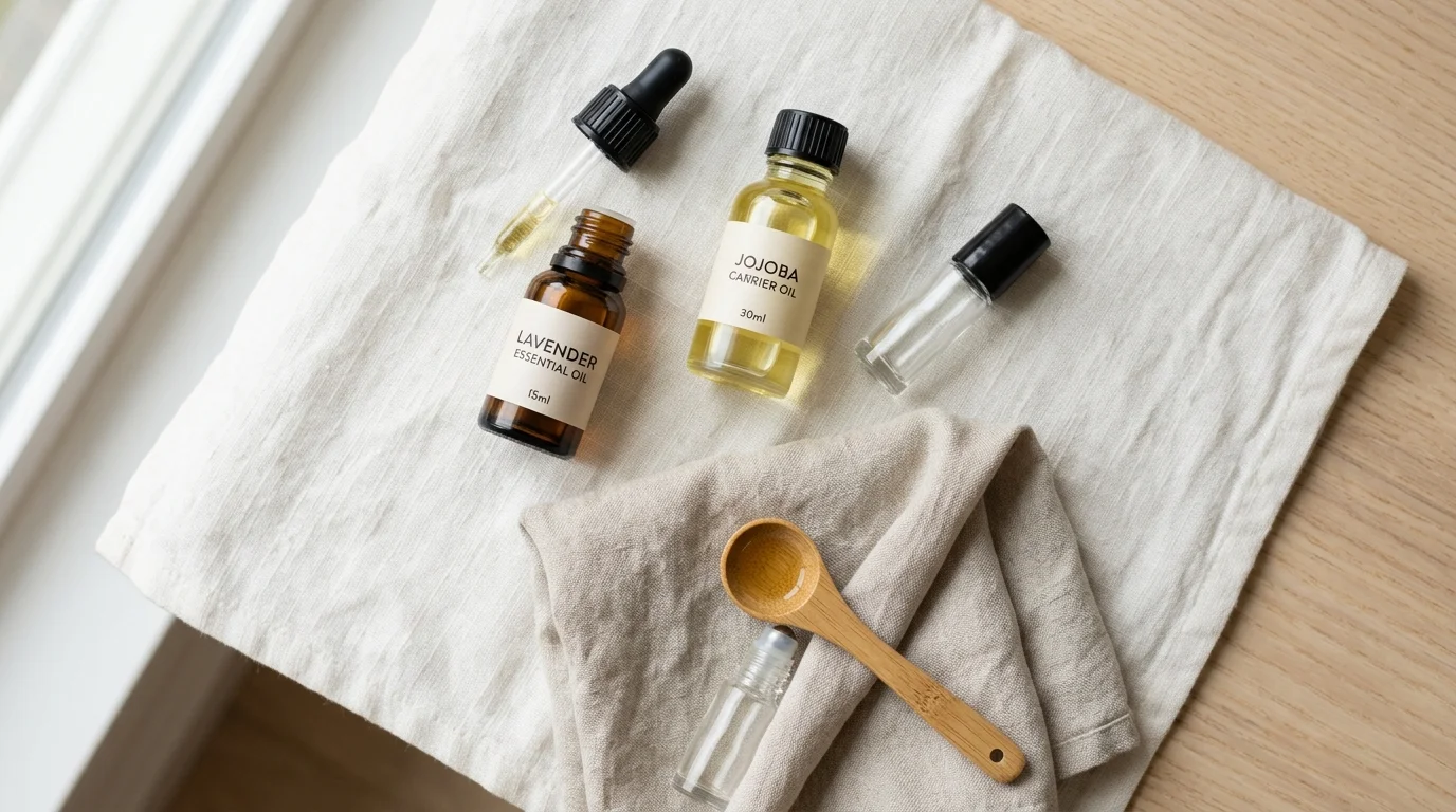 Essential oil, jojoba carrier oil and a roller bottle for safe dilution