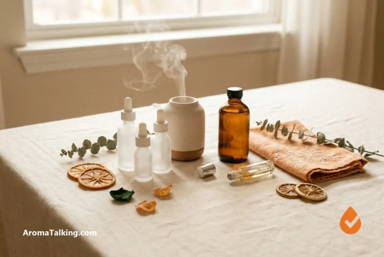 Flat lay of a diffuser, dropper bottle, roller and carrier oil for using essential oils safely