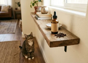 An amber bottle of clove essential oil and dried cloves on a high wooden shelf out of reach, with a cat sitting on the floor below looking up
