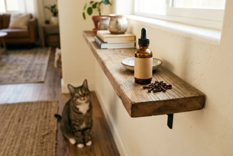 An amber bottle of clove essential oil and dried cloves on a high wooden shelf out of reach, with a cat sitting on the floor below looking up