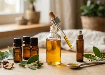 A clear bottle of golden jojoba oil with a dropper beside amber essential-oil bottles and a roller bottle in natural light