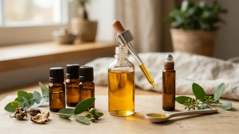A clear bottle of golden jojoba oil with a dropper beside amber essential-oil bottles and a roller bottle in natural light