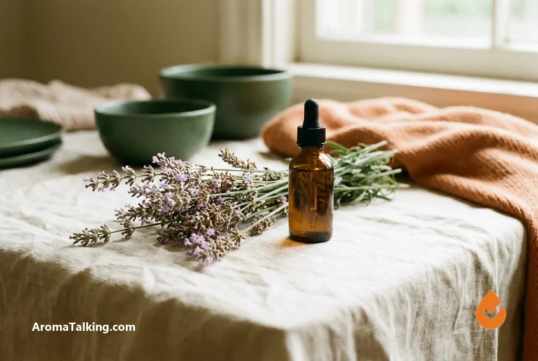 Fresh and dried lavender sprigs beside an amber essential oil bottle