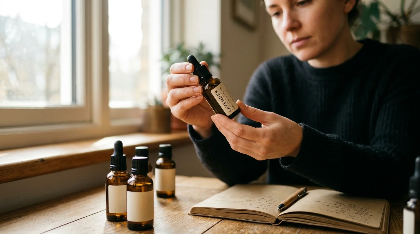 A person inspecting an amber essential-oil bottle in window light, how to choose quality oils